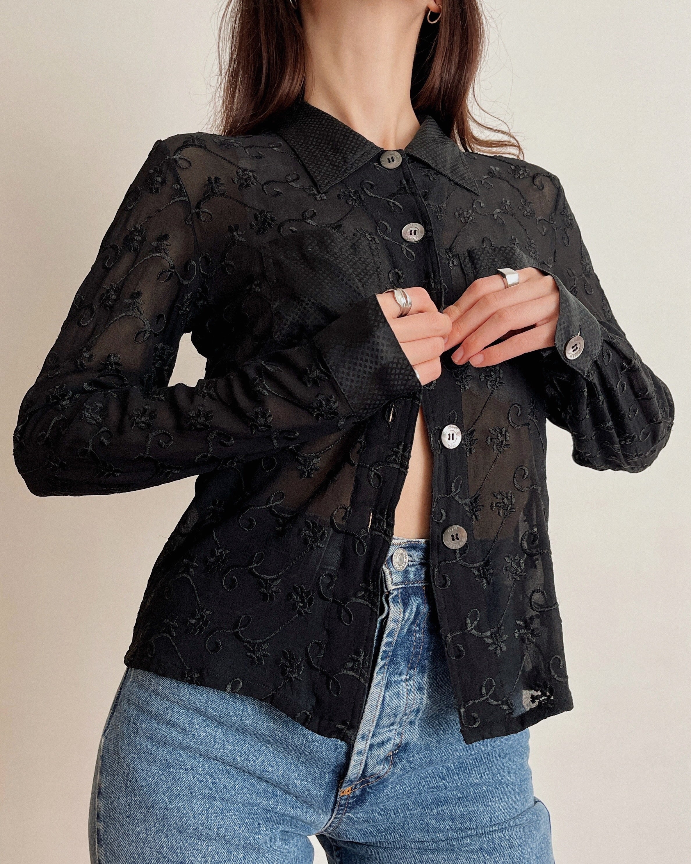 Vintage mesh embroidered shirt (S)