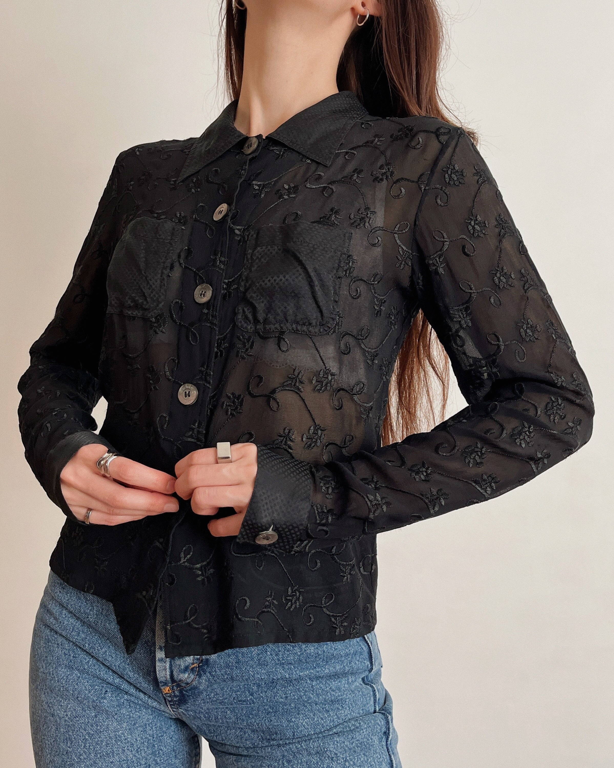 Vintage mesh embroidered shirt (S)