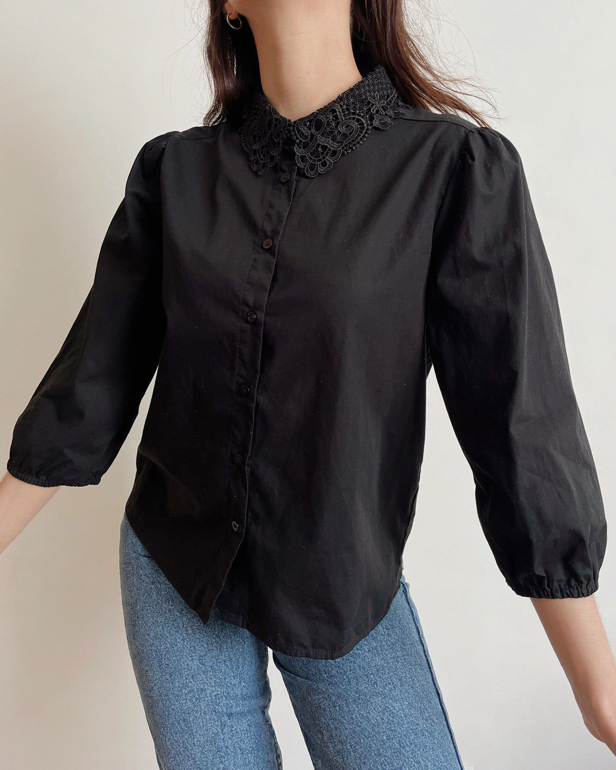 Puff sleeve lace collar shirt (S)
