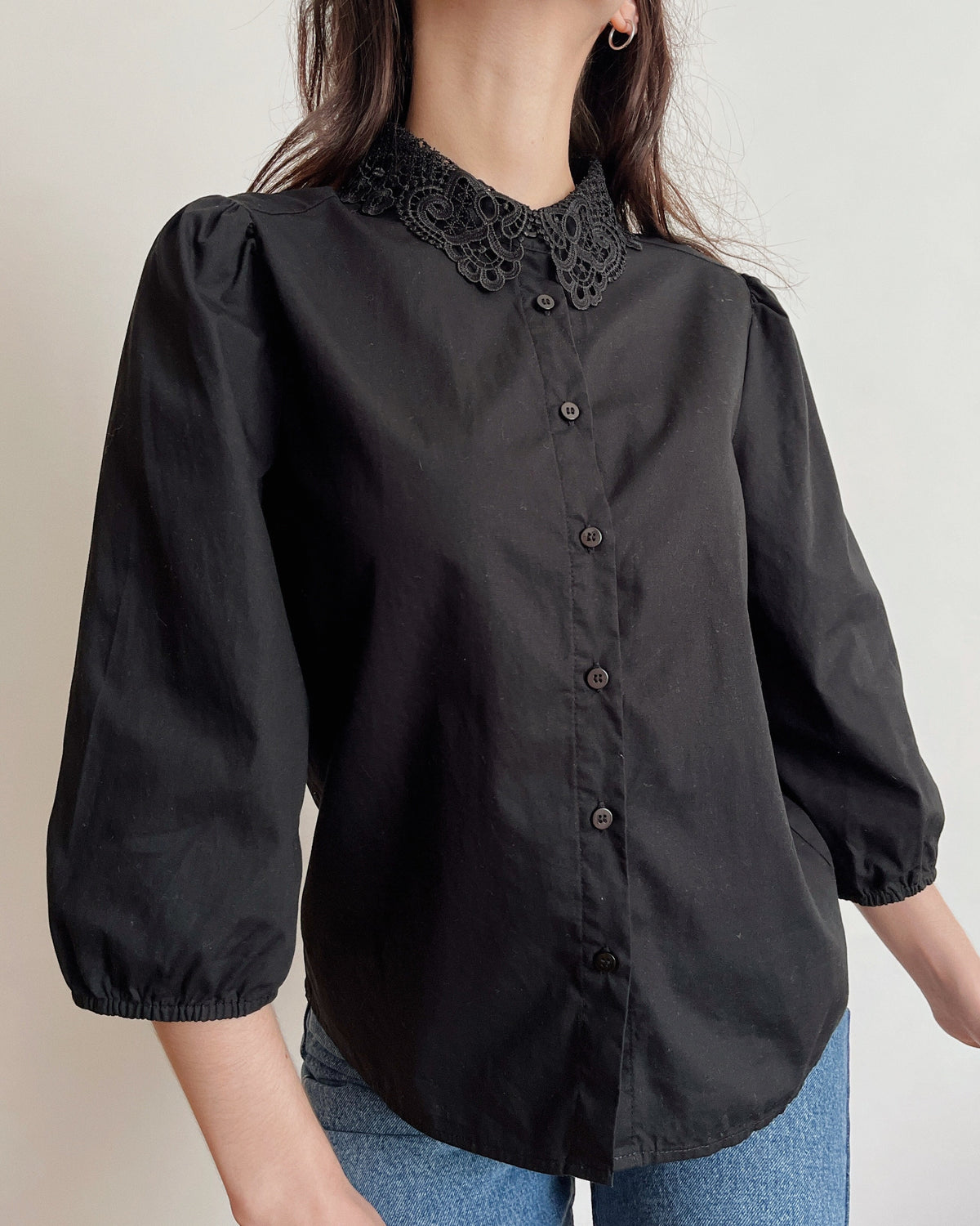 Puff sleeve lace collar shirt (S)