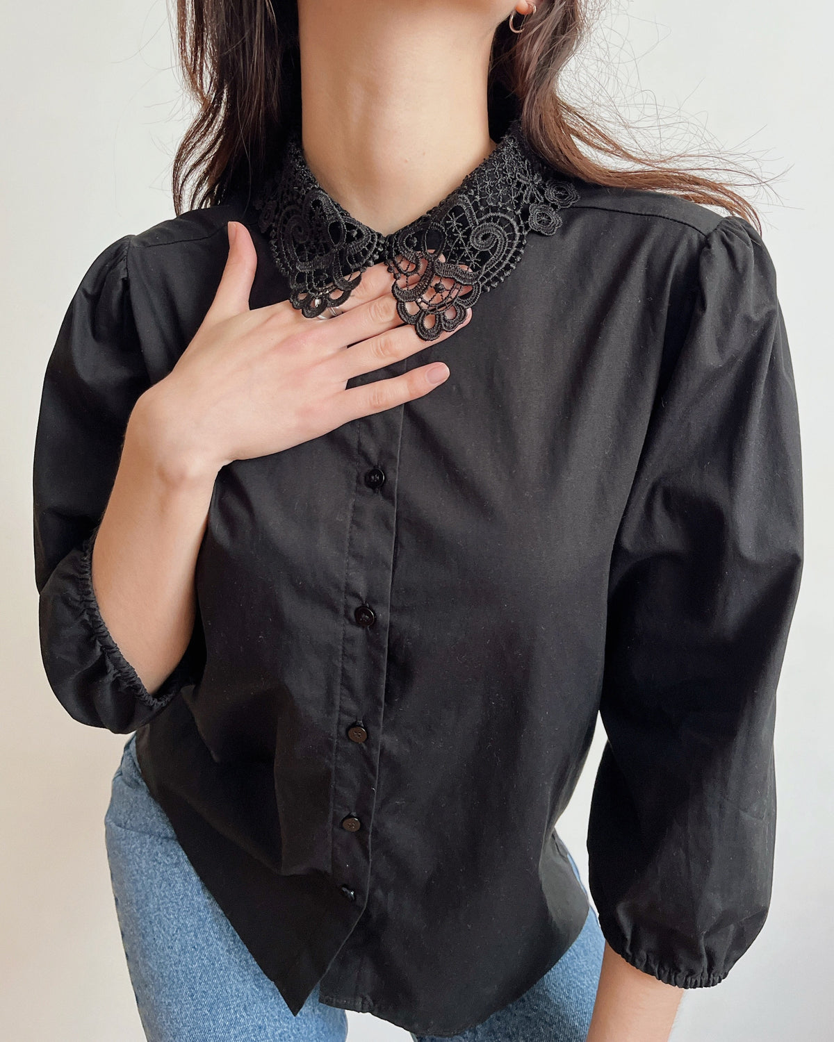 Puff sleeve lace collar shirt (S)