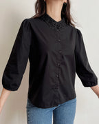 Puff sleeve lace collar shirt (S)