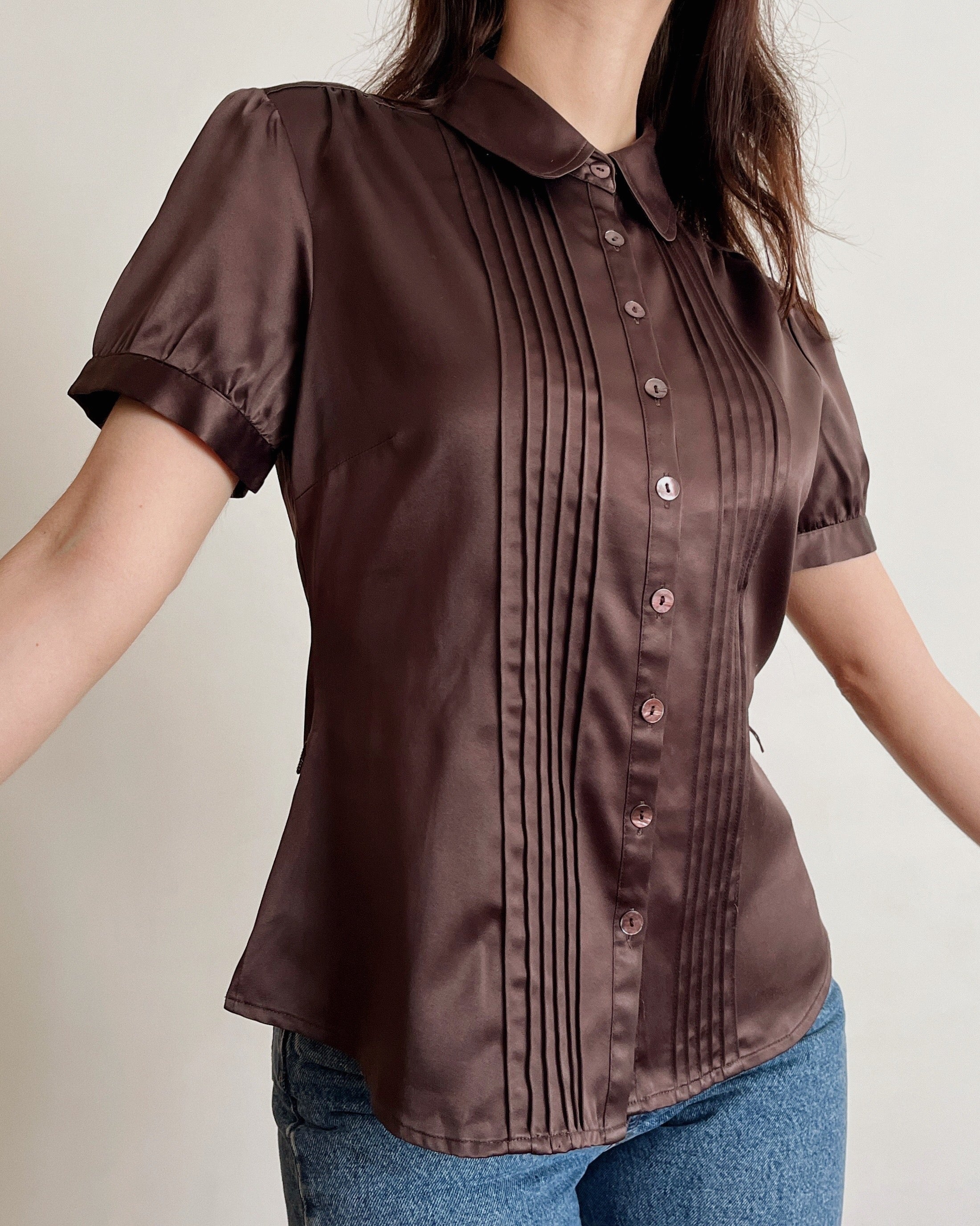 Brown satin finish blouse (M)