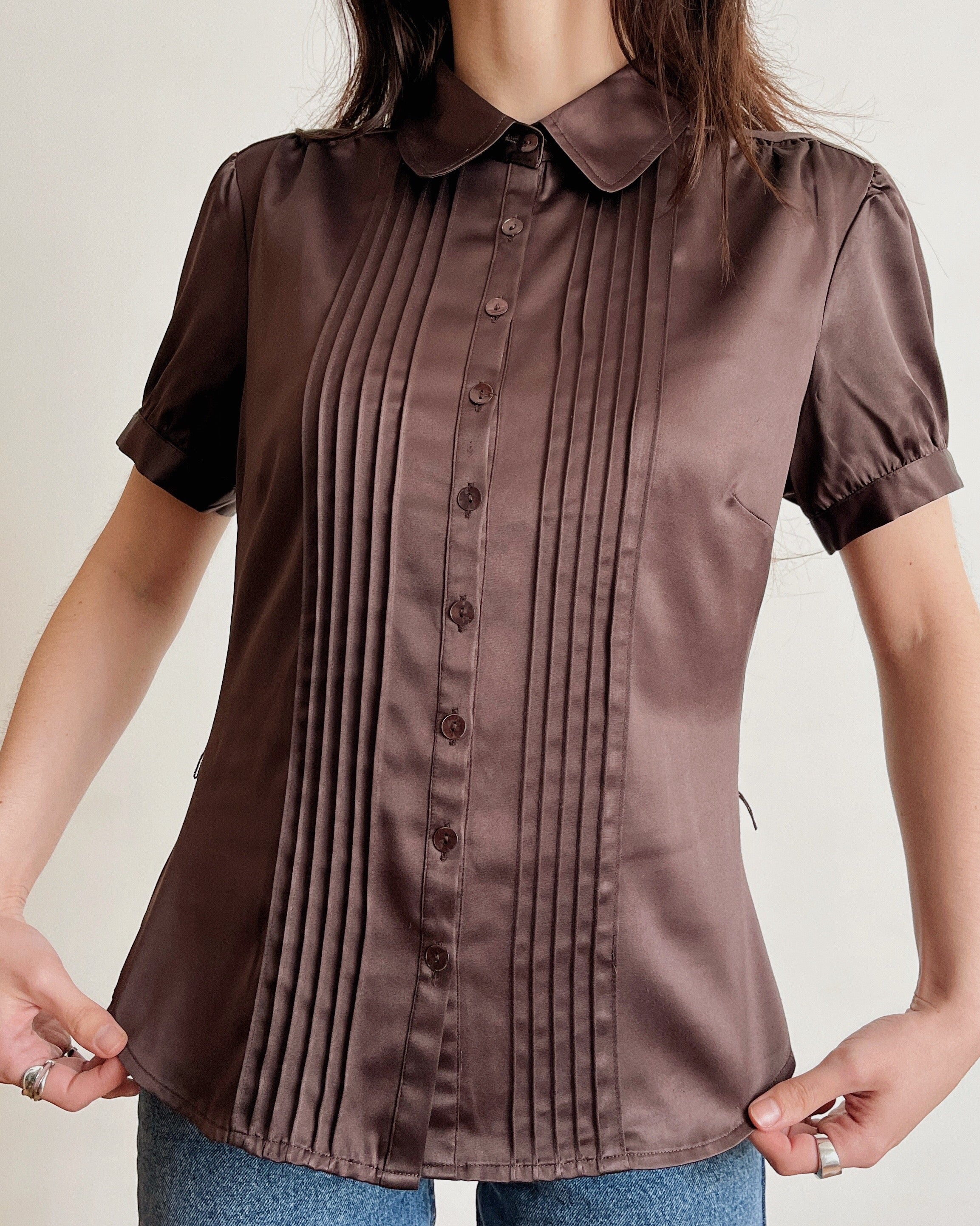 Brown satin finish blouse (M)